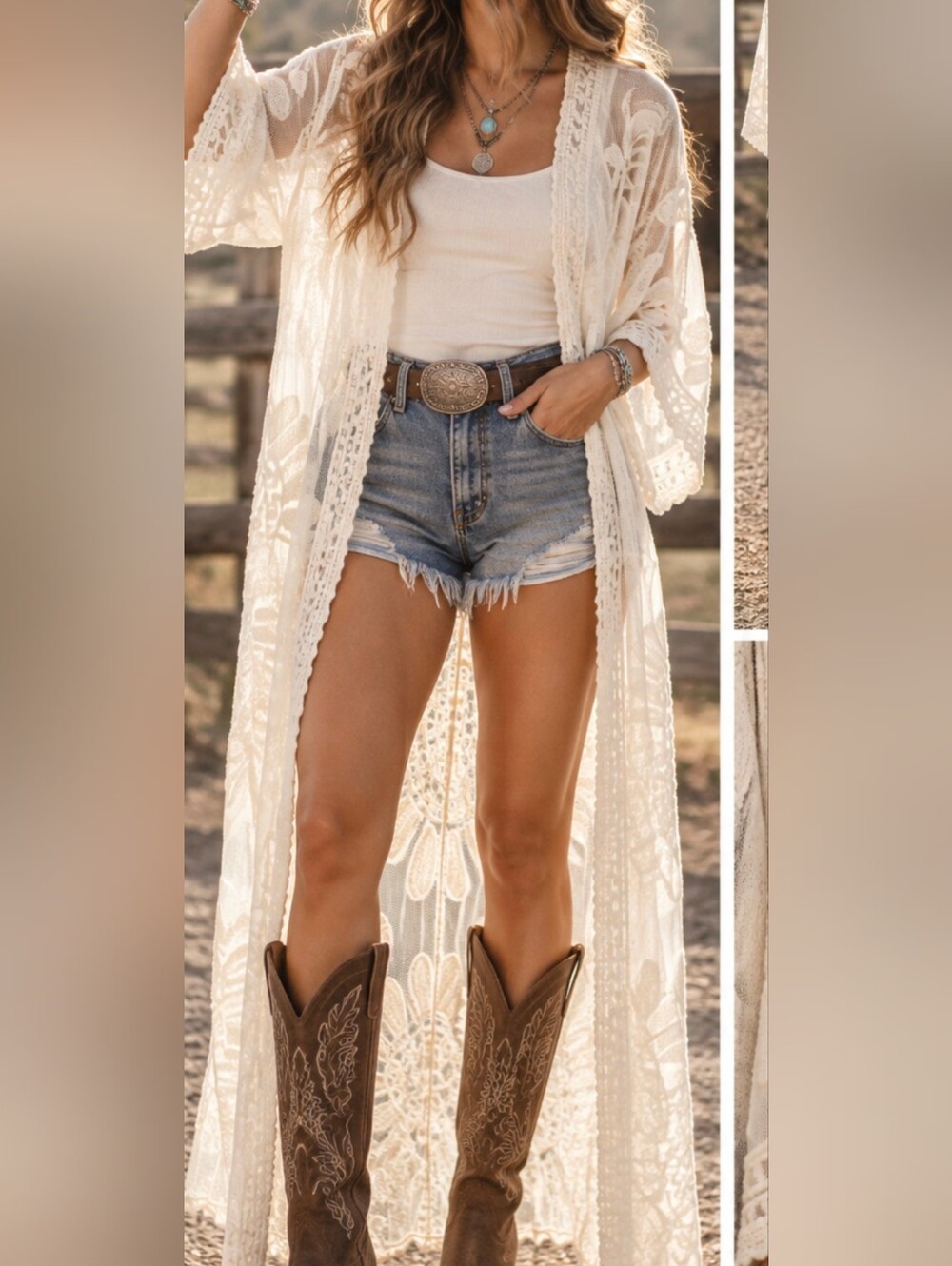 Ivory Embroidered Lace Mesh Maxi Kimono Duster Boho Festival Sheer One Size
